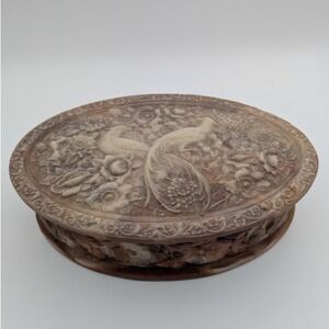Vintage Incolay Stone Handcrafted Trinket Box Oval Peacock Floral Decor